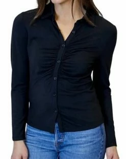 Design History women Long Sleeve Ruched Front Button Down Knot Top in Black