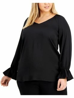 Bar III Plus Womens V Neck Bell Sleeve Blouse