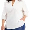Bar III Plus Womens Split Neck Cotton Pullover Top