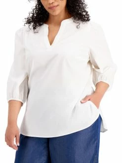 Bar III Plus Womens Split Neck Cotton Pullover Top