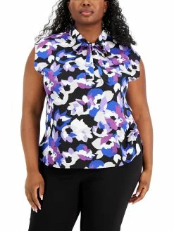 Bar III Plus Womens Printed Tie Neck Blouse