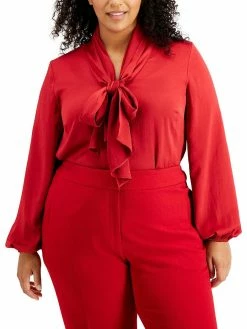 Bar III Plus Womens Tie Neck Long Sleeve Blouse