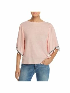 Design History Dolan Womens Knit Pom Pom Trim Pullover Top